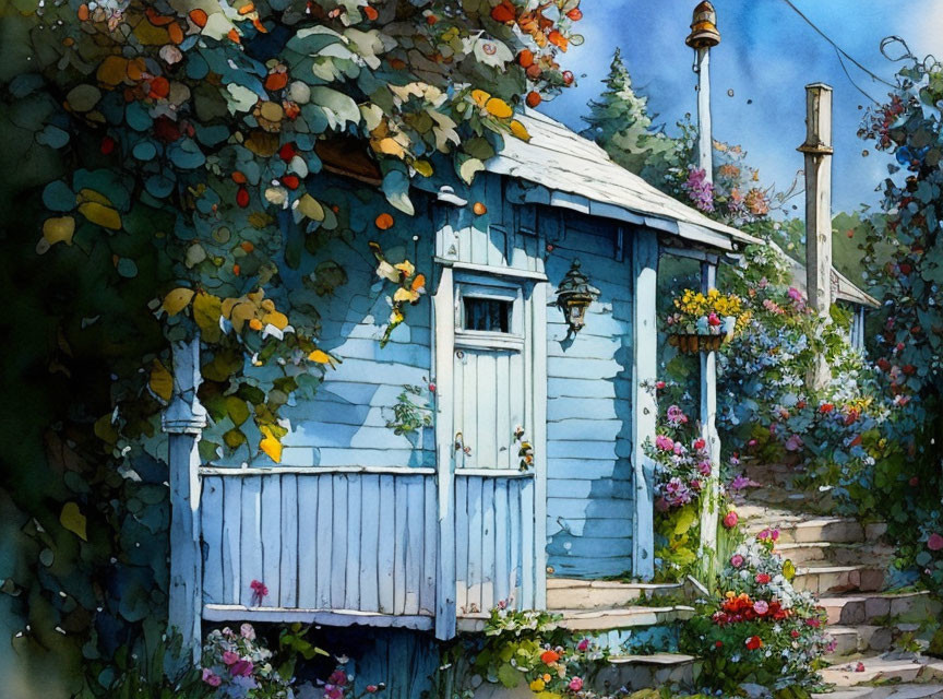 Blue Cottage with Wooden Porch in Lush Greenery and Flowers