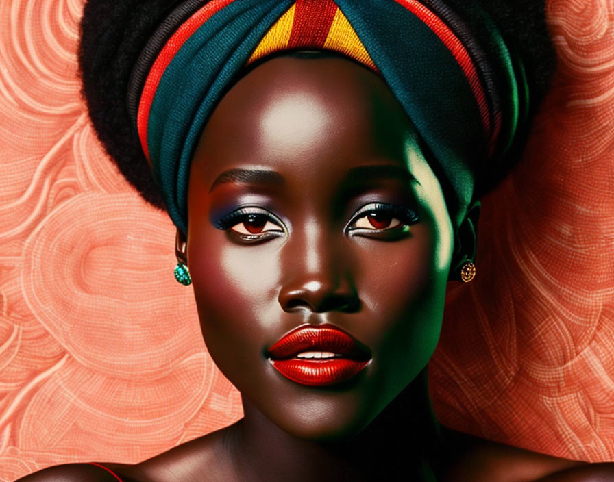 Colorful Headwrap and Bold Makeup on Woman Against Textured Background