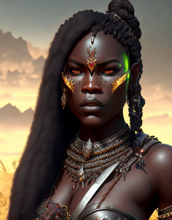 Digital Artwork: Dark-skinned Woman in Tribal Jewelry on Savannah Backdrop