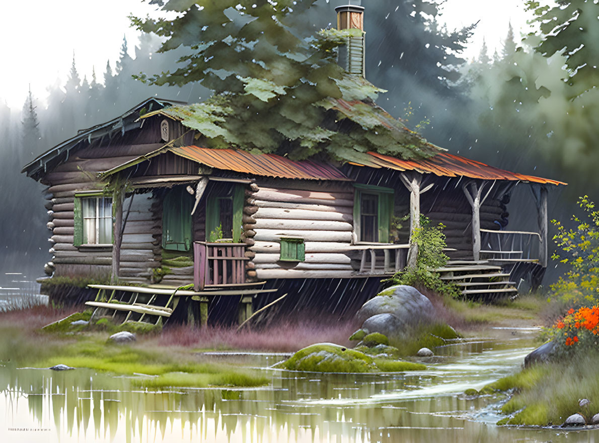 Tranquil woodland cabin on stilts near calm lake