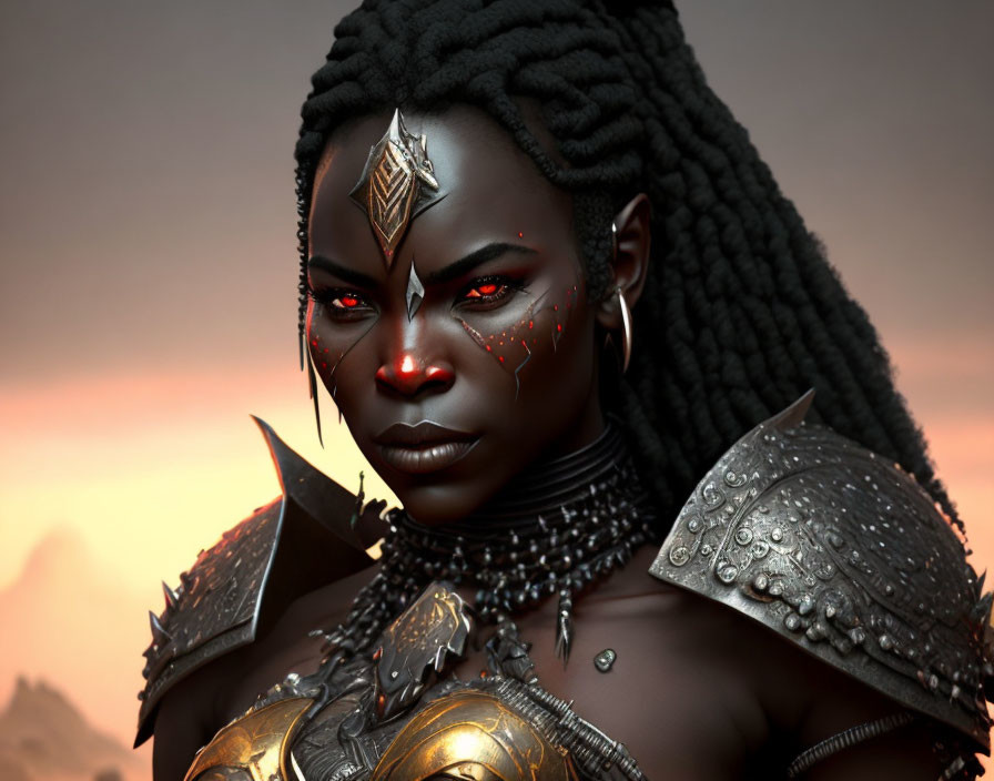 Digital art portrait of fierce warrior with dark skin, glowing red eyes, ornate armor, and bra