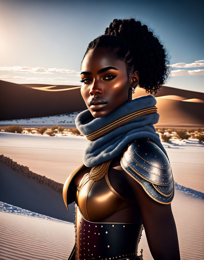 Digital art portrait of woman in futuristic armor against desert backdrop