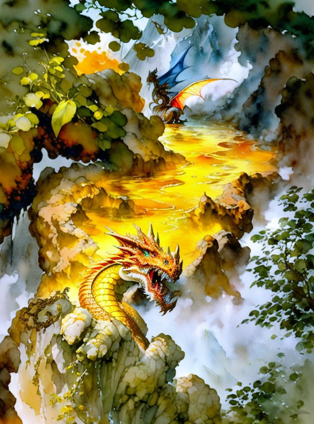 Colorful dragon in golden river landscape with lush greenery