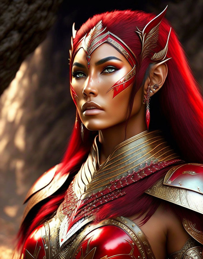 Red-Haired Female Warrior in Golden Armor with Emerald Eyes
