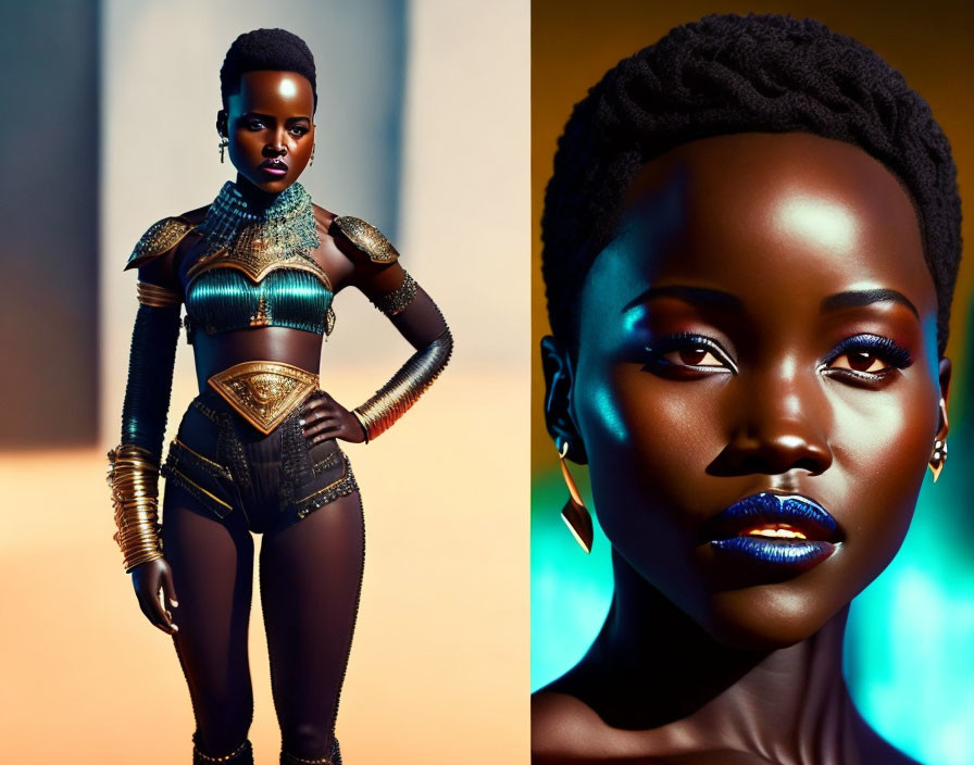 Futuristic outfit and striking makeup on confident woman.