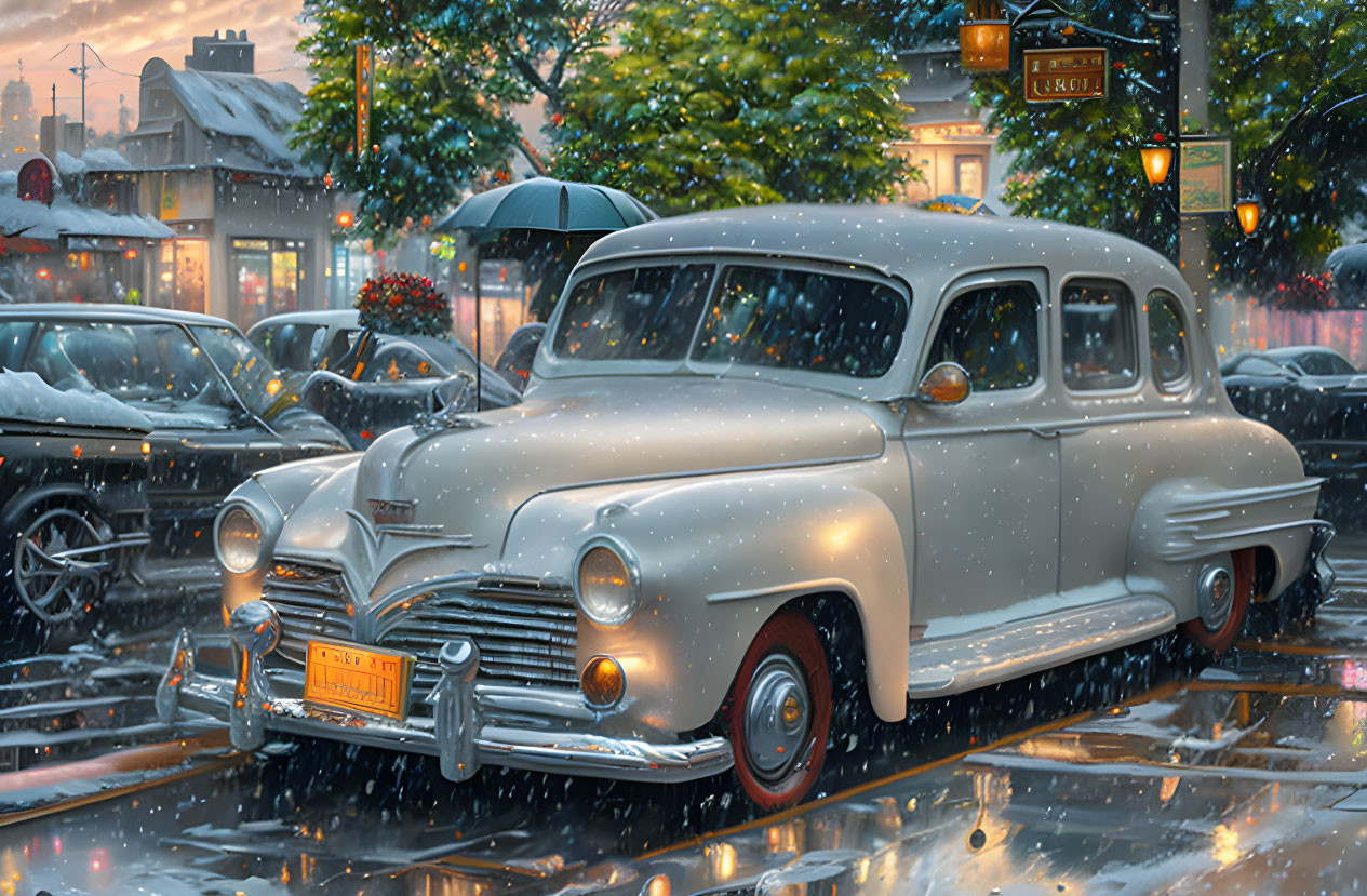 Classic Car Parked on Rainy City Street at Twilight with Person Holding Umbrella