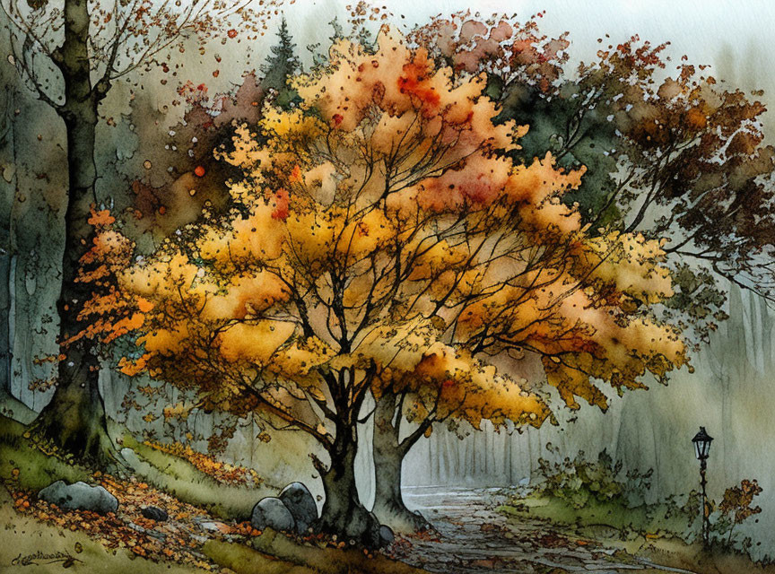 Autumn tree watercolor painting with misty landscape