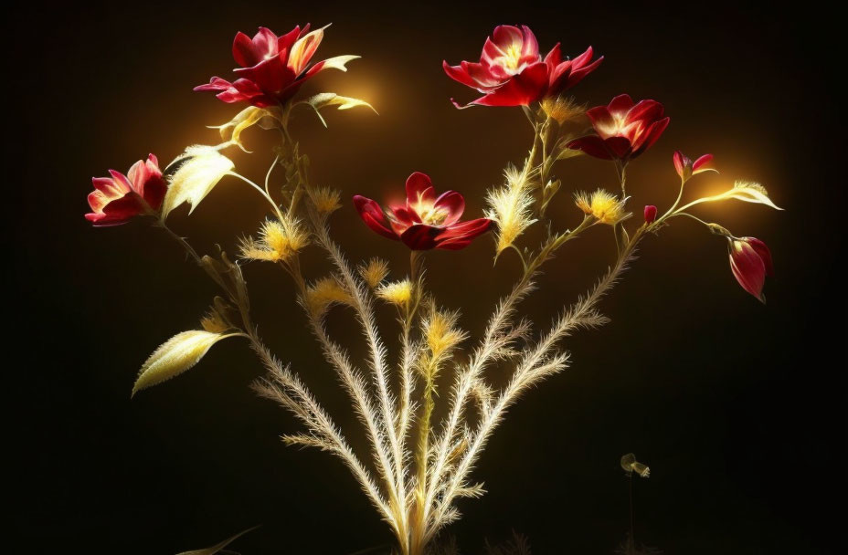 Vibrant red flower bouquet with glowing backlight on dark background