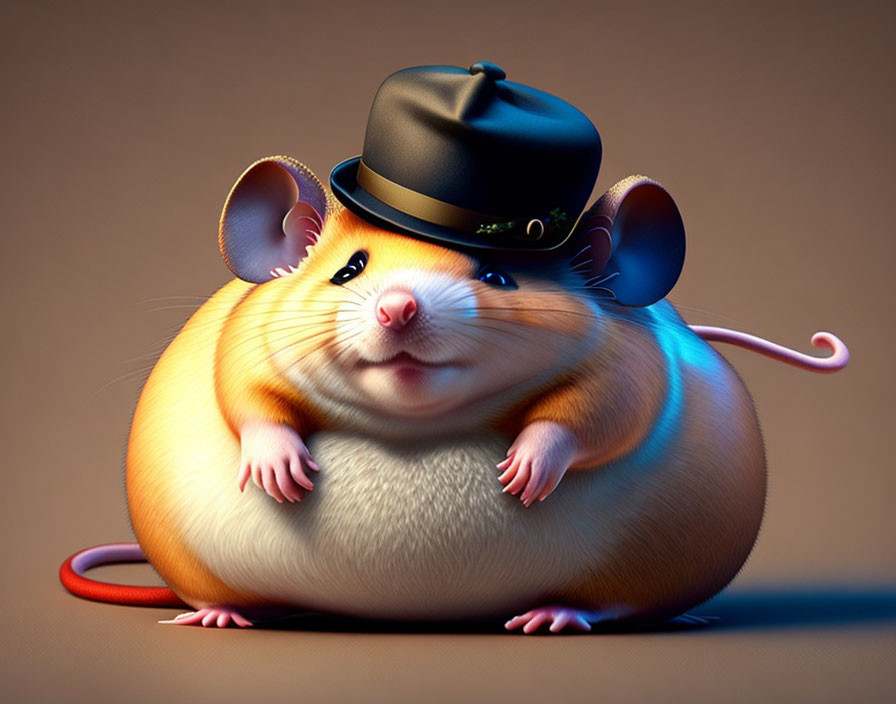 Chubby Cartoon Mouse in Black Hat on Soft Brown Background