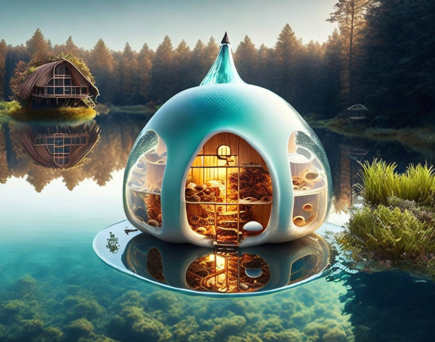 Fantastical igloo-like structure floating on serene lake in tranquil forest