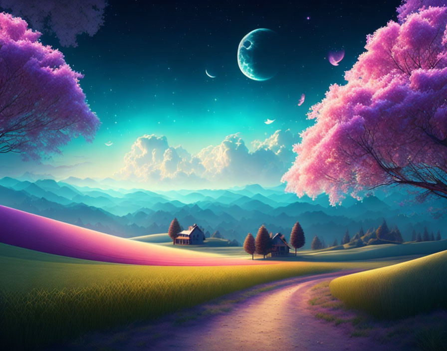 Vibrant pink trees in fantasy landscape with moon & stars