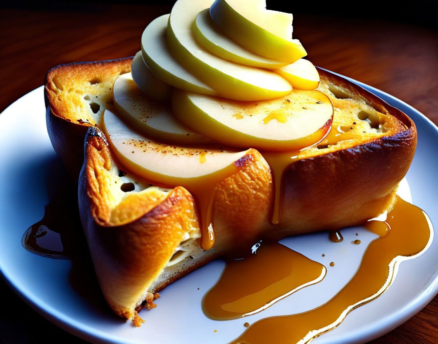 French Toast with Caramelized Apples and Golden Syrup on White Plate