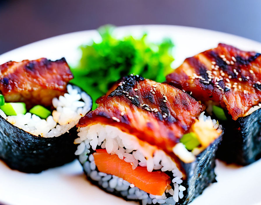 Fresh sushi rolls with salmon, avocado, eel, and sesame seeds.