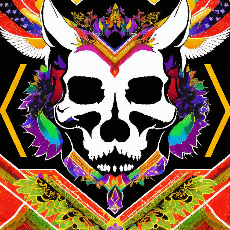 Colorful Symmetrical Skull Artwork with Floral Motifs