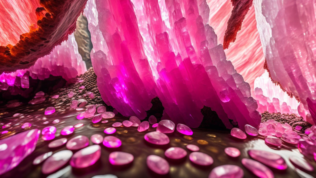 Pink and White Crystal Formations on Reflective Surface