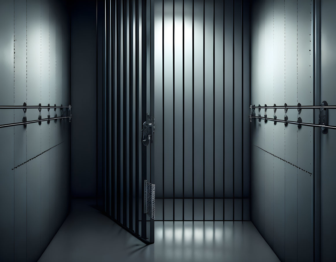 Dimly Lit Prison Cell with Bars and Sparse Furnishings