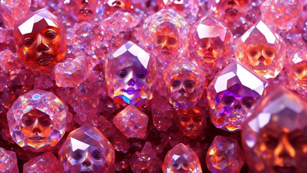 Surreal artwork: Human faces merge into gemstones on vibrant pink-red background