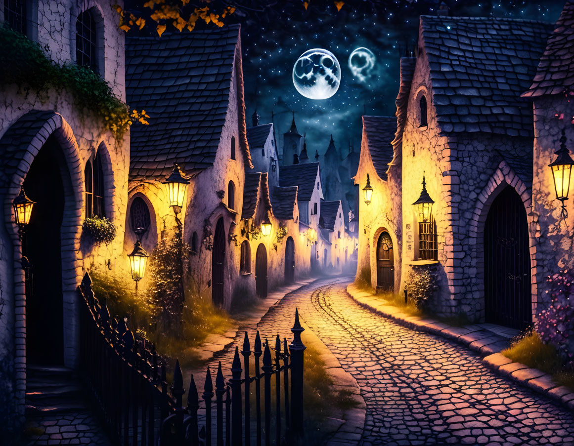 Enchanting cobblestone street with stone houses under moonlit sky