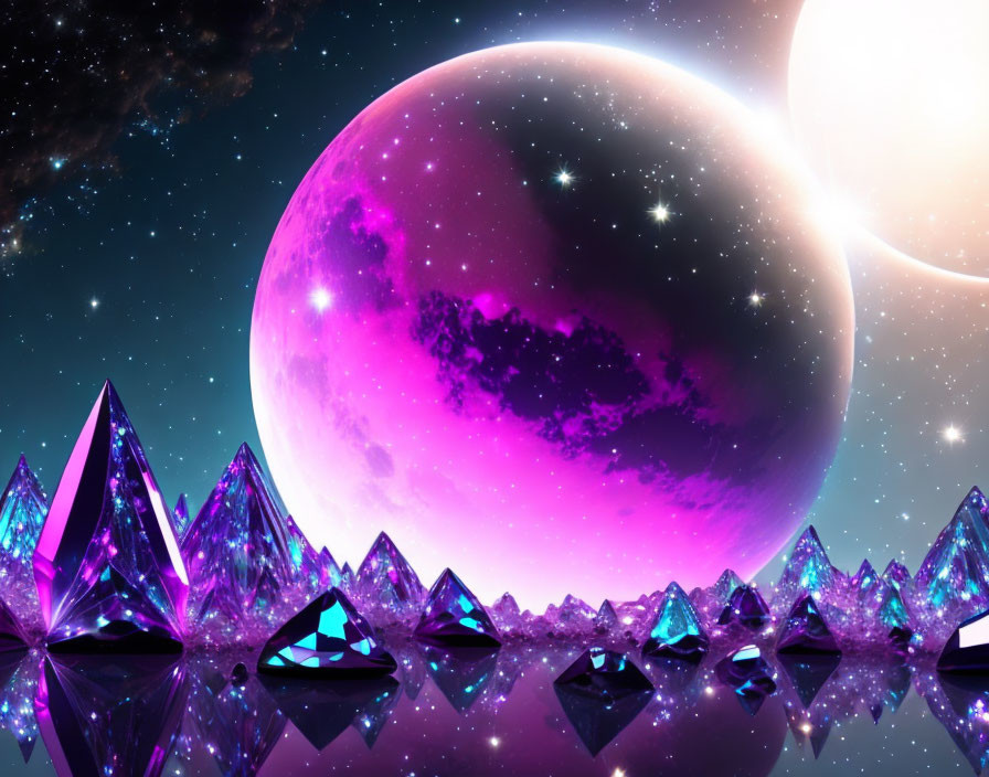 Surreal cosmic landscape with purple planet, sun, stars, and crystalline structures