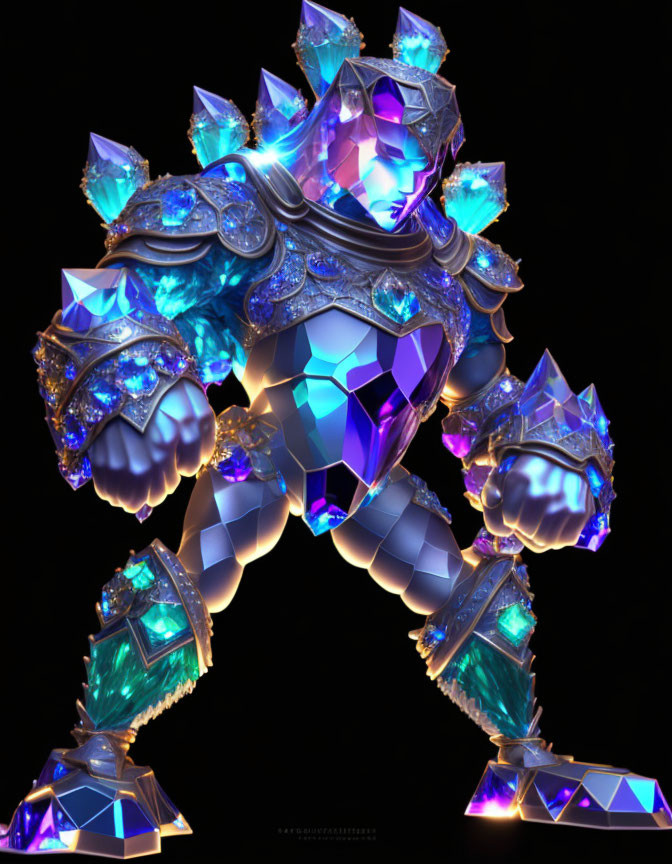 Crystal-armored figure with gemstones in commanding pose