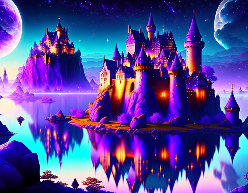 Fantasy castle with spires and towers reflected in tranquil lake under night sky with two moons and stars