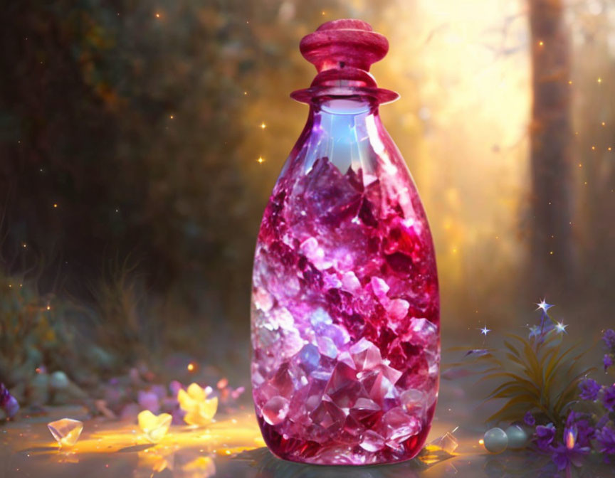 Mystical bottle with glowing purple crystals in enchanted forest setting