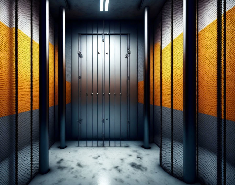 Sleek futuristic hallway with yellow and black stripes and closed double door