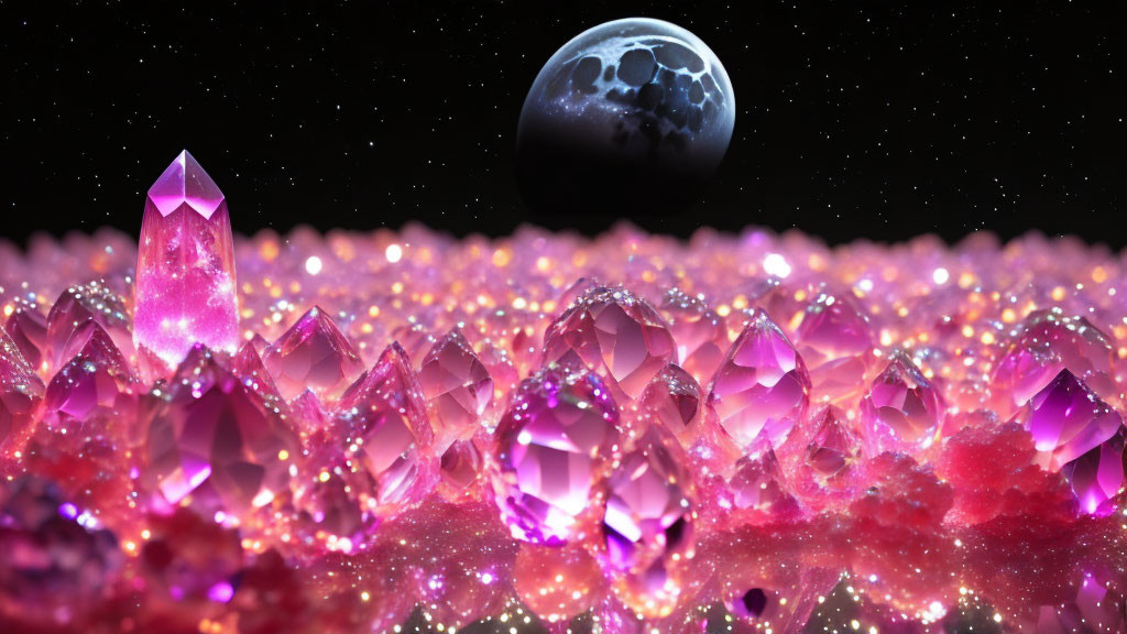 Glowing pink crystals in a starry sky with large moon