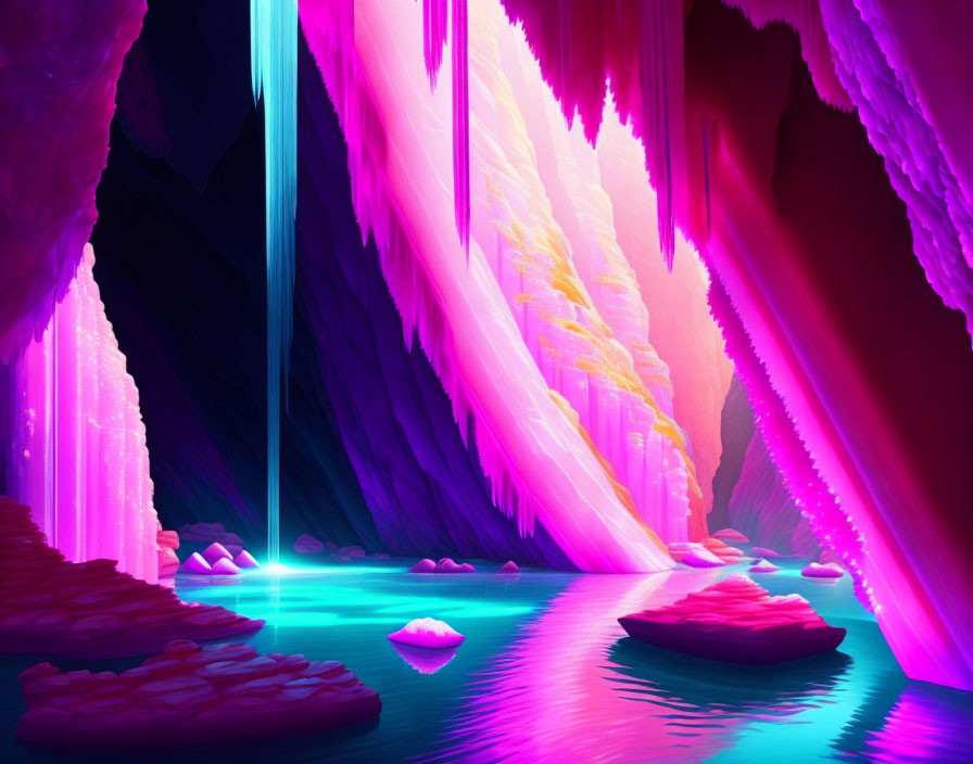 Ethereal neon-lit cave with pink and purple stalactites