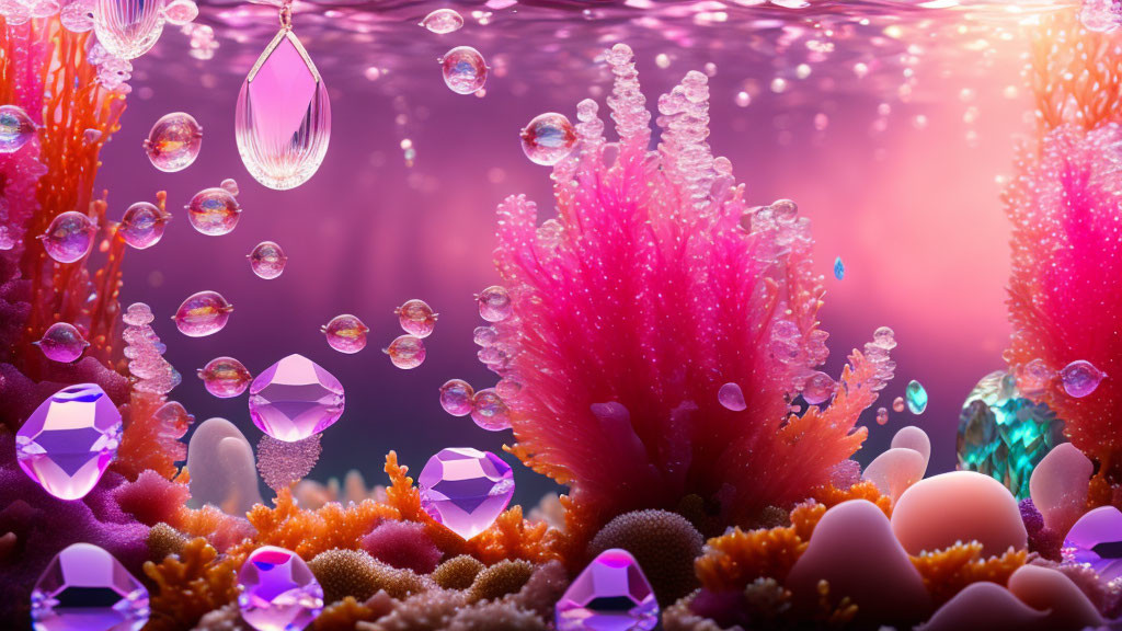 Colorful Coral and Crystalline Structures in Vibrant Underwater Scene