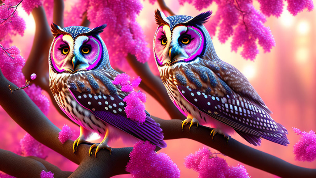 Colorful Stylized Digital Owls Perched on Branch Amid Neon Pink Foliage