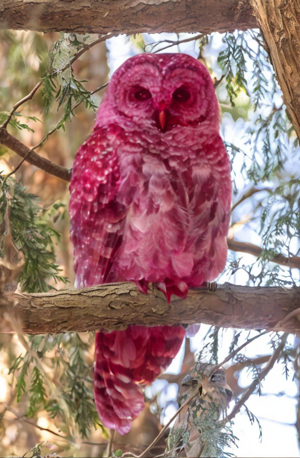 Digitally altered pink owl on tree branch with bright eyes in soft-focus foliage.