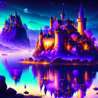 Fantasy castle with spires and towers reflected in tranquil lake under night sky with two moons and stars