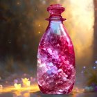 Mystical bottle with glowing purple crystals in enchanted forest setting