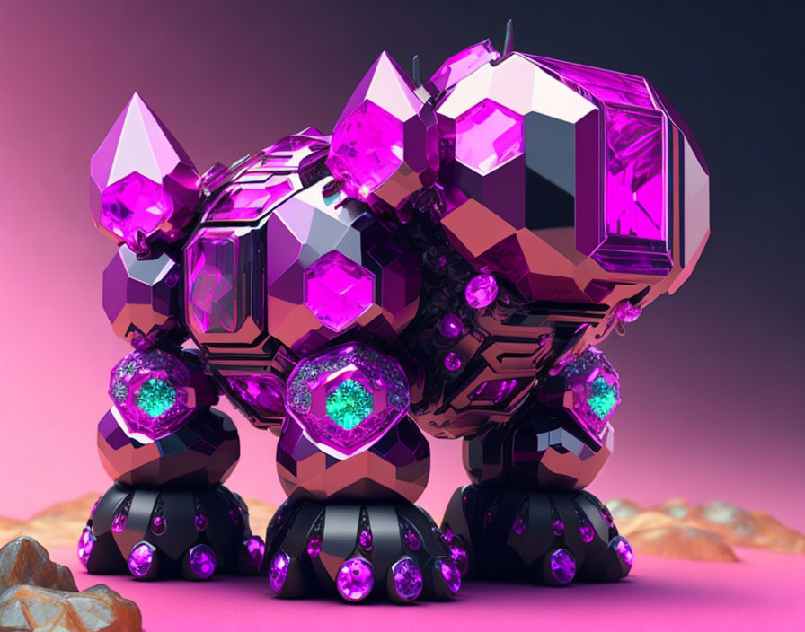 Geometric robotic creature with metallic purple body on pink background