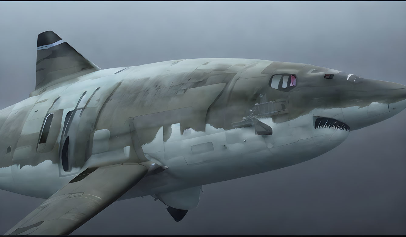 Camouflaged military aircraft with shark mouth artwork in flight.