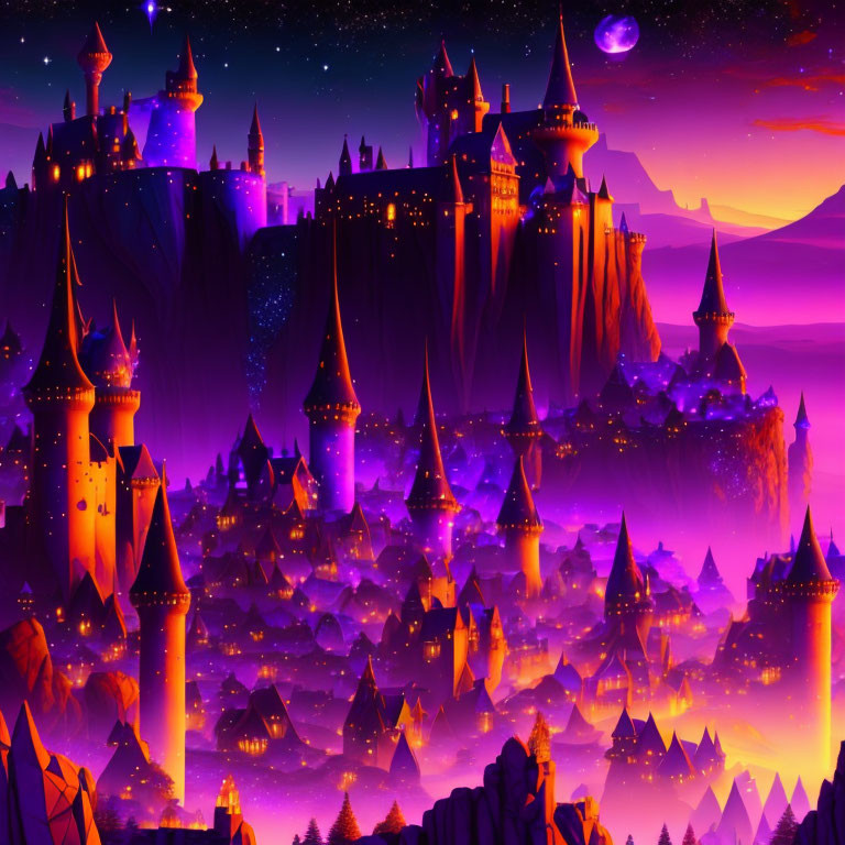 Fantasy landscape with purple hues, majestic castles, cliffs, starry sky, large moon