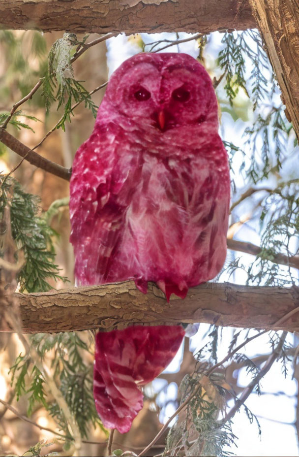 Pink owl perched on branch in green foliage