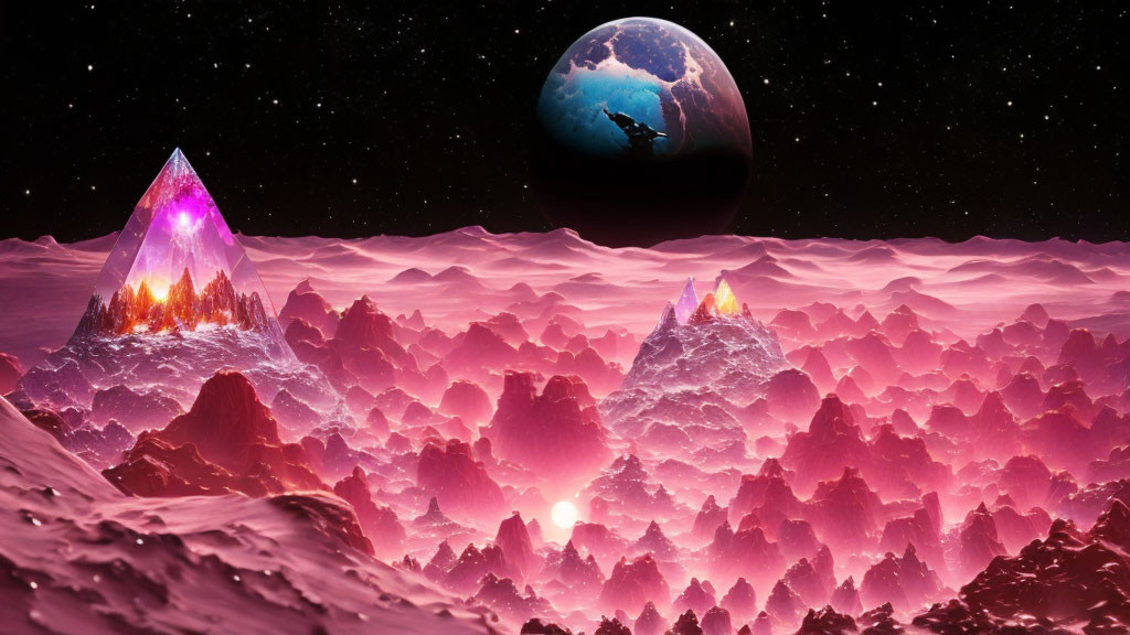 Glowing pink and purple crystalline mountains on alien landscape