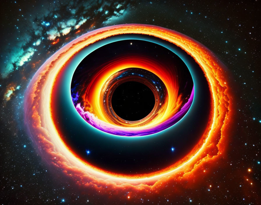 Colorful digital illustration of swirling black hole accretion disks in space