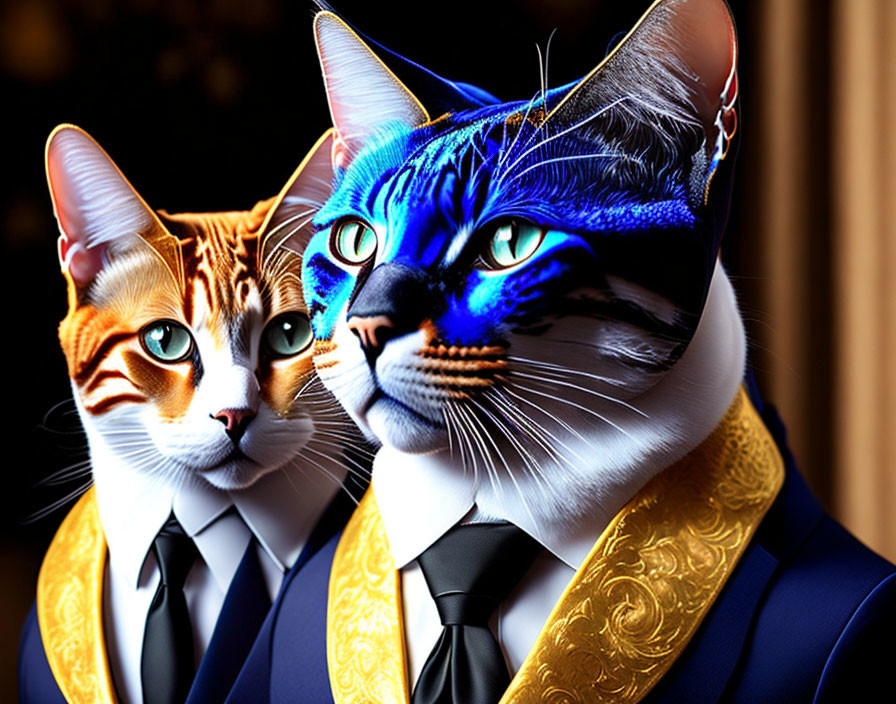 Stylized CGI cats in suits and ties on dark background