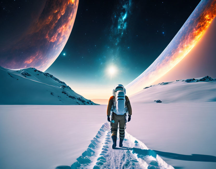 Astronaut exploring snowy alien planet with giant celestial bodies in sky