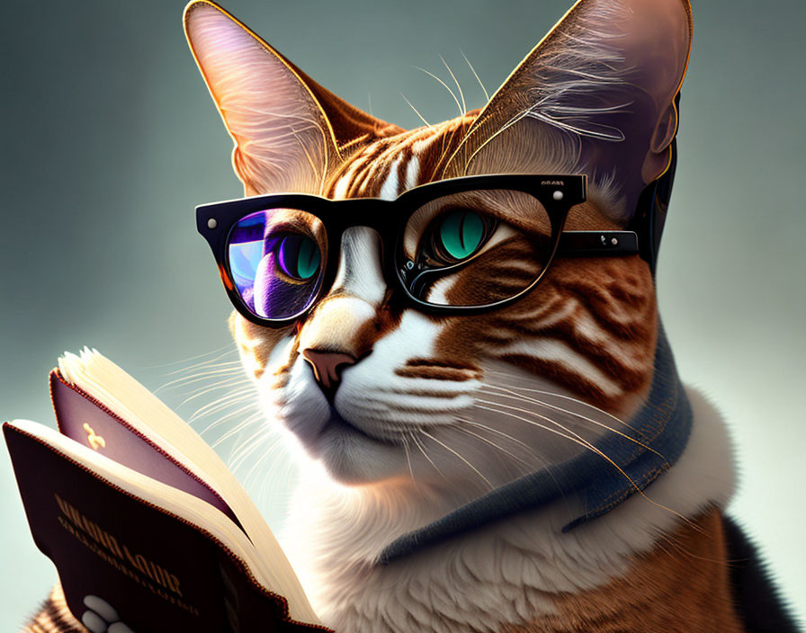 Stylized cat with glasses reading book in scarf & shirt