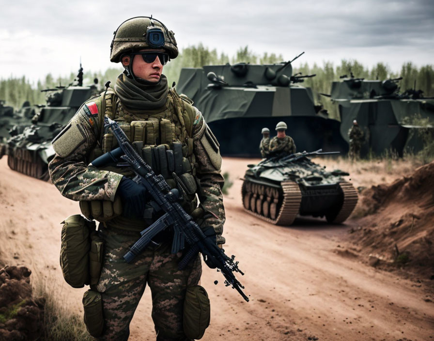 Camouflaged soldier with rifle on dirt road with tanks in background