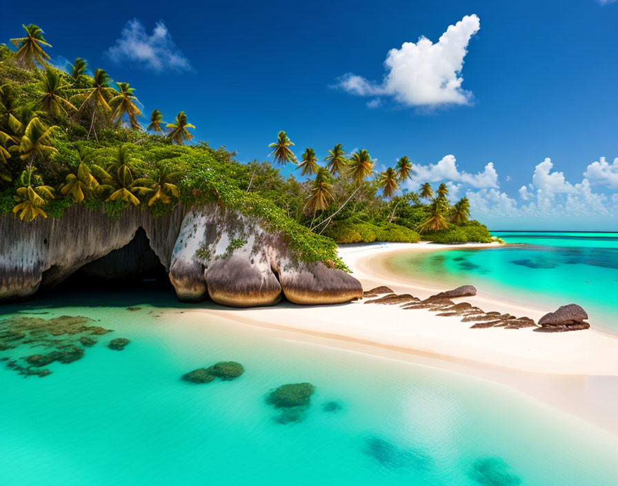 Lush Tropical Beach with Turquoise Water & Unique Rock Formations