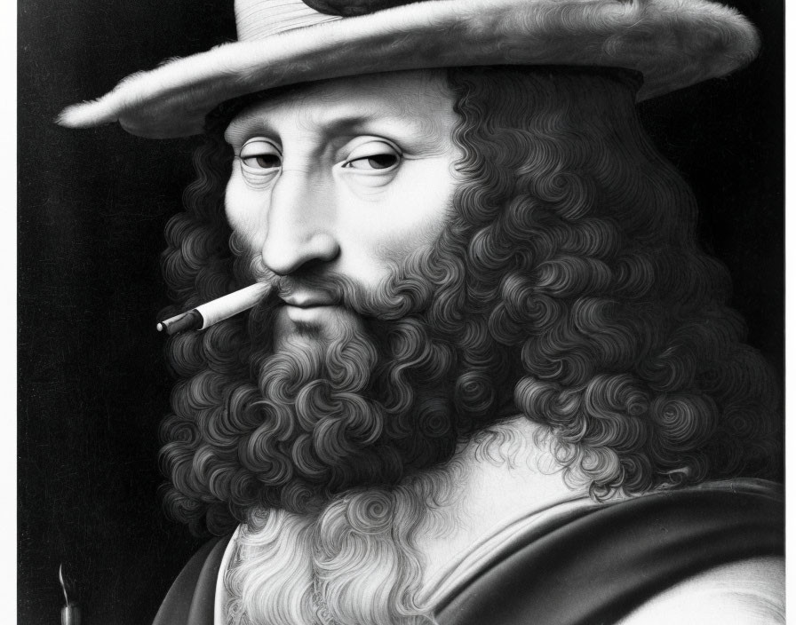 Monochrome illustration of a bearded man smoking a cigarette