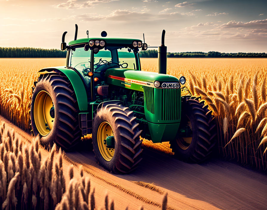 Green tractor in golden wheat field at sunset