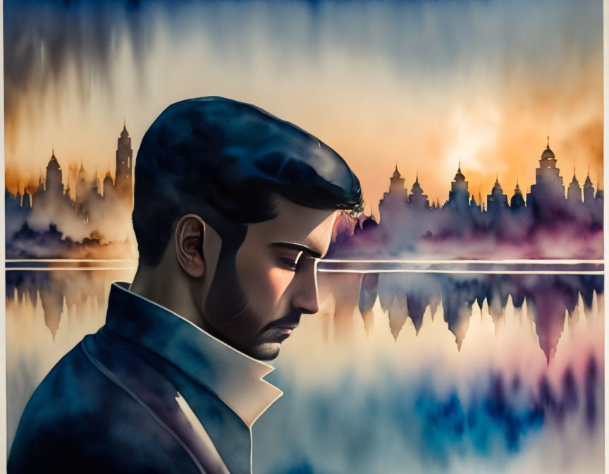 Profile of man contemplating cityscape at dusk