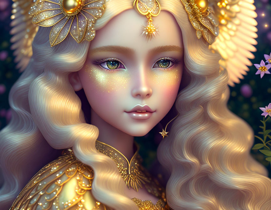 Fantasy illustration of woman with golden hair and ornate jewelry surrounded by light halo and pink flowers.