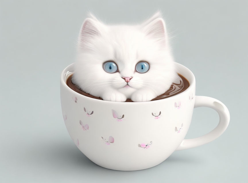 White Kitten with Blue Eyes in Pink Cat Face Coffee Cup on Grey Background